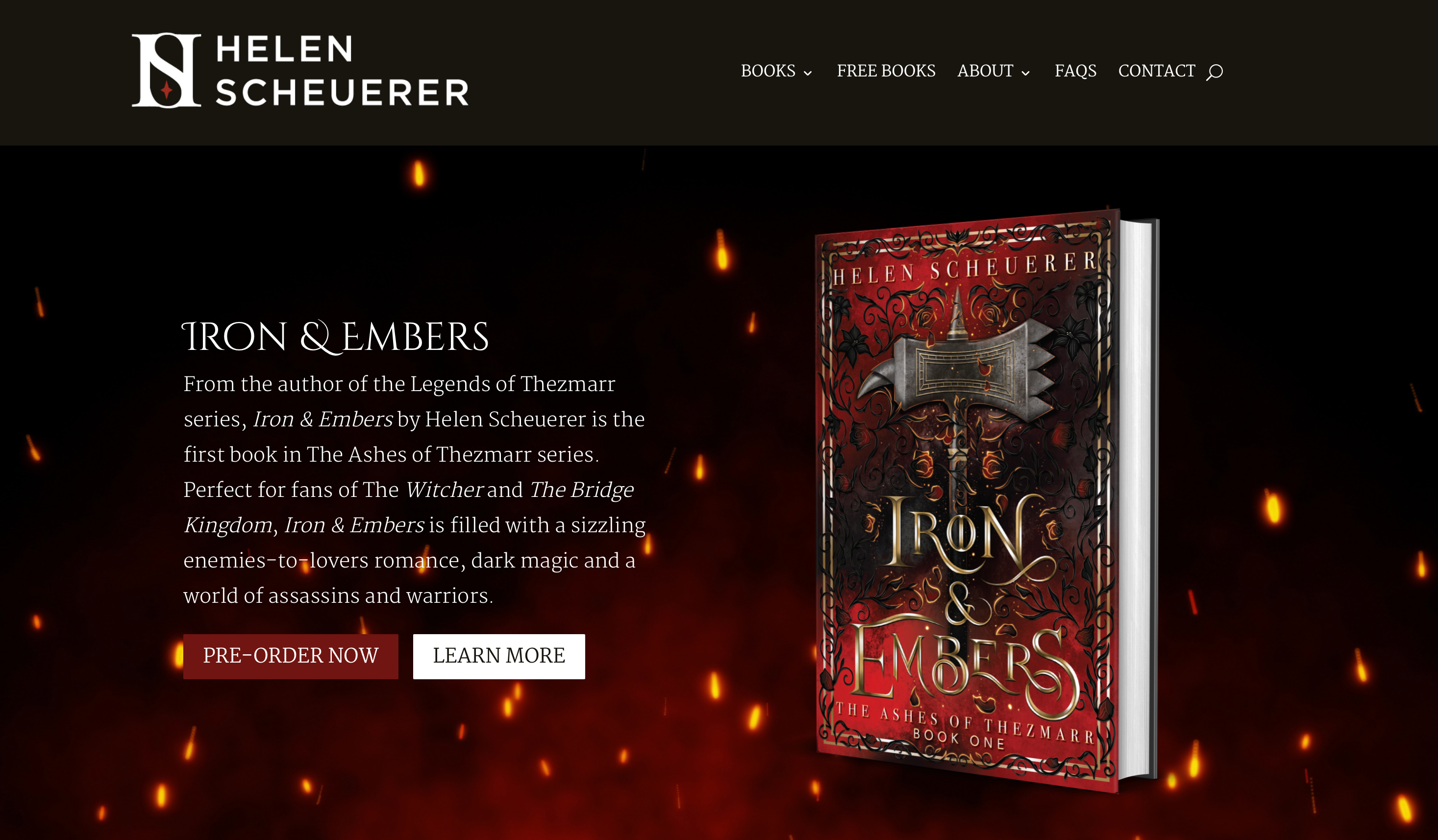 Promotional image of 'Iron & Embers' by Helen Scheuerer with book cover and text on a dark background.